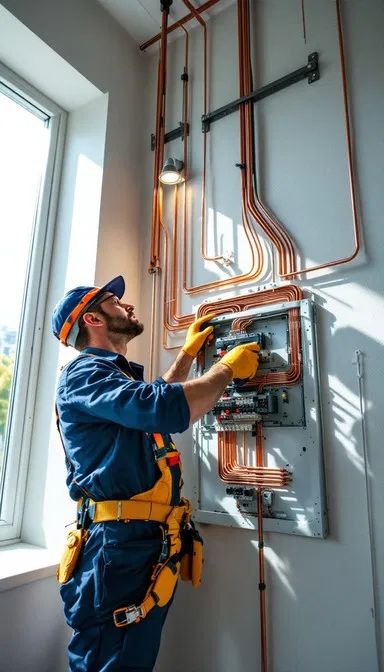 Electrician working on a wall-mounted consumer unit and copper pipework